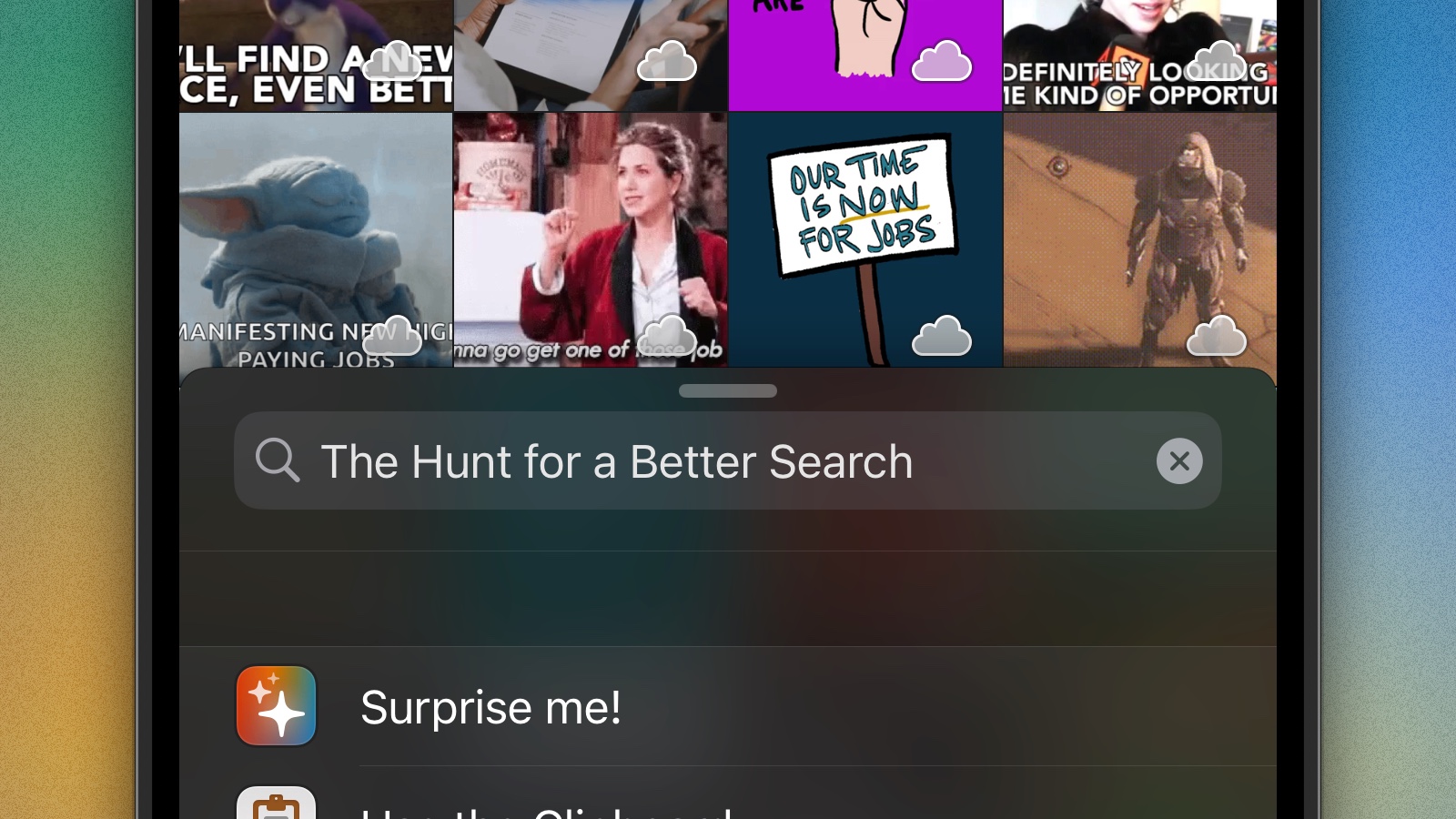 A screenshot of GIFwrapped's search field, displaying the text "The Hunt for a Better Search". Above the field there are a range of search results, and there's a "Surprise Me!" button underneath.