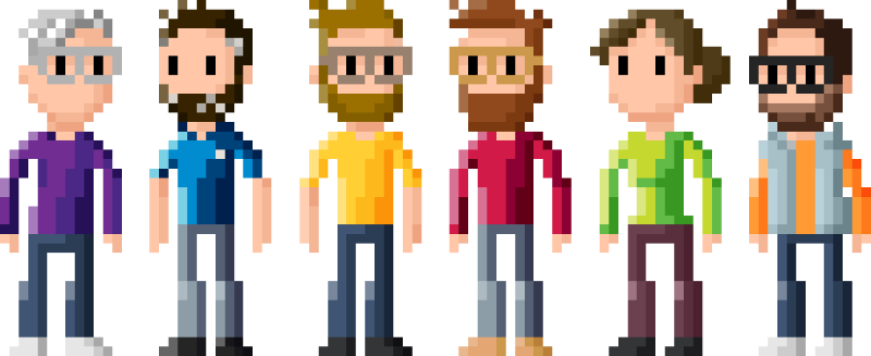 Jason, Casey, Stephen, Myke, Kathy and Brad, in more casual attire. Each character's theme colour persists, with just a touch of personality.