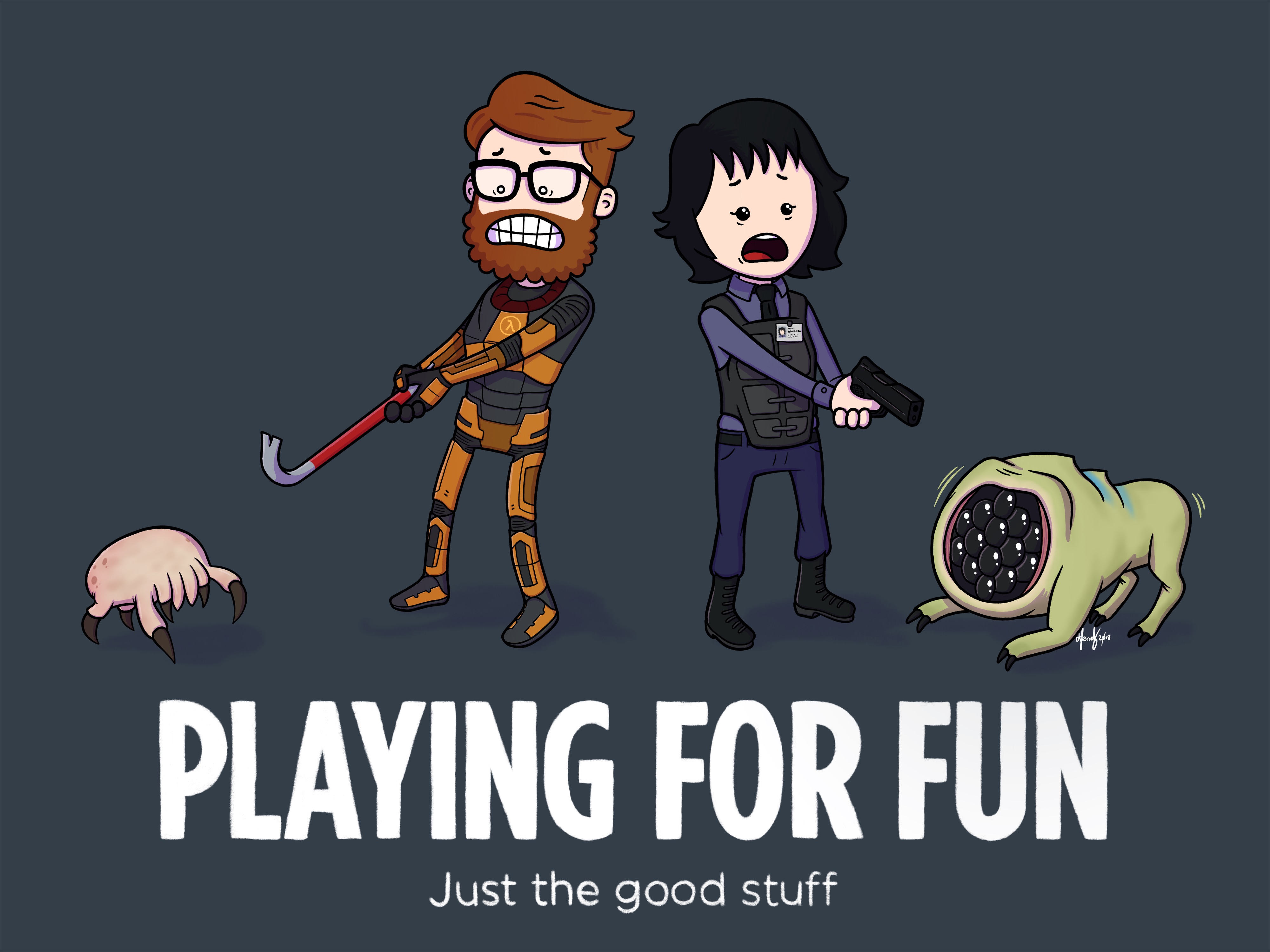 A cartoon depiction of two characters in a Half-Life-inspired scene. One character wields a crowbar, visibly startled by a headcrab, while the other is holding a pistol, ready to face off against a houndeye. The tagline reads 'Playing for Fun – Just the good stuff.'