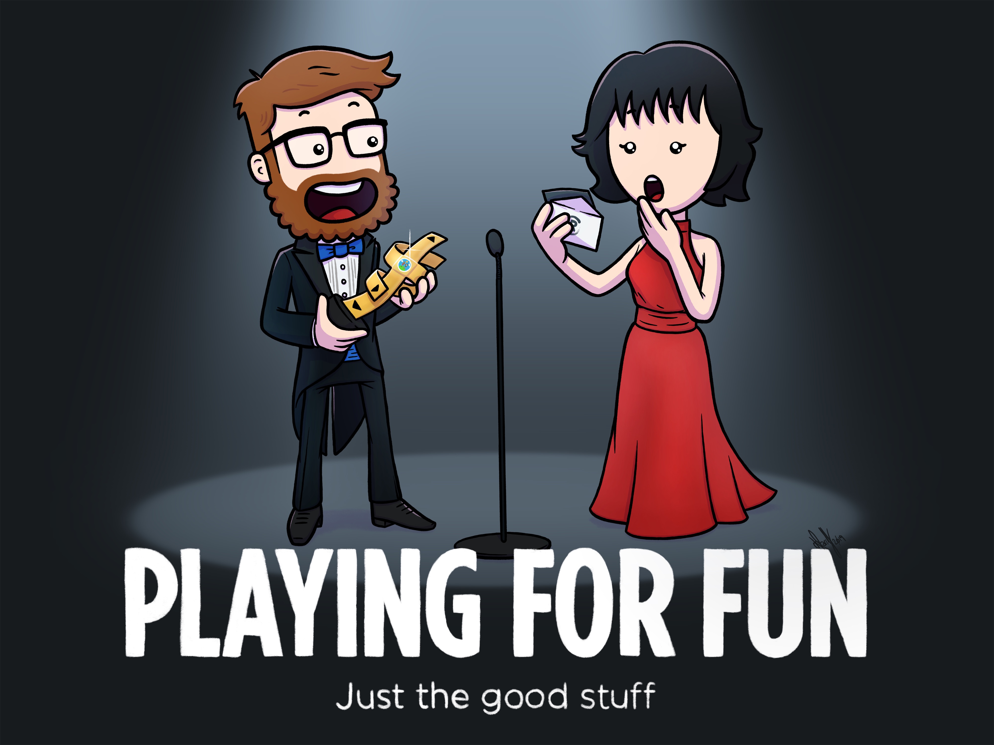 A playful illustration of a formal awards ceremony. A bearded character in a tuxedo is excitedly holding an award resembling a golden gaming controller, while a character in a glamorous red dress gasps in surprise. The tagline reads 'Playing for Fun – Just the good stuff.'