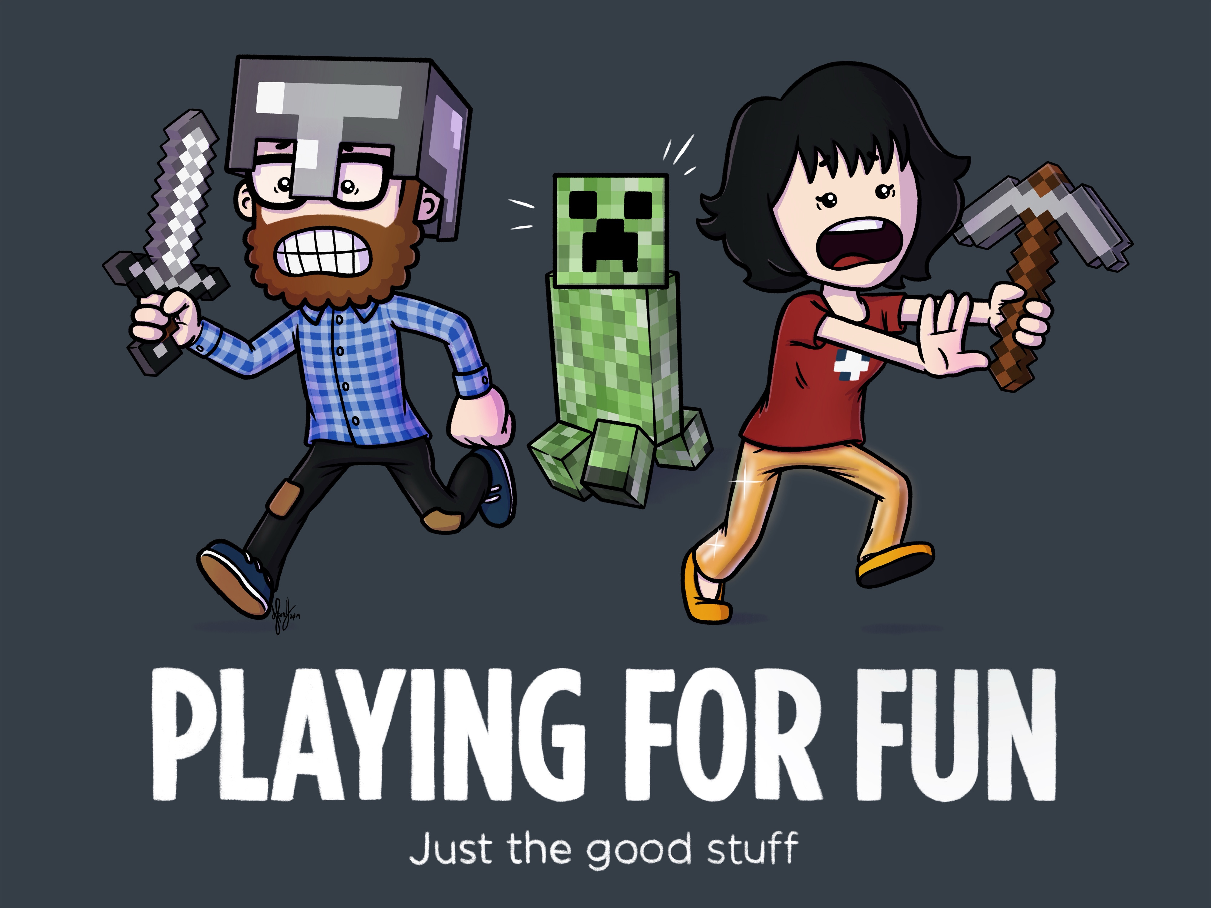 A Minecraft-inspired scene where two characters flee from a Creeper. One character wields a sword while wearing blocky armor, and the other holds a pickaxe, both looking terrified. The tagline reads 'Playing for Fun – Just the good stuff.'