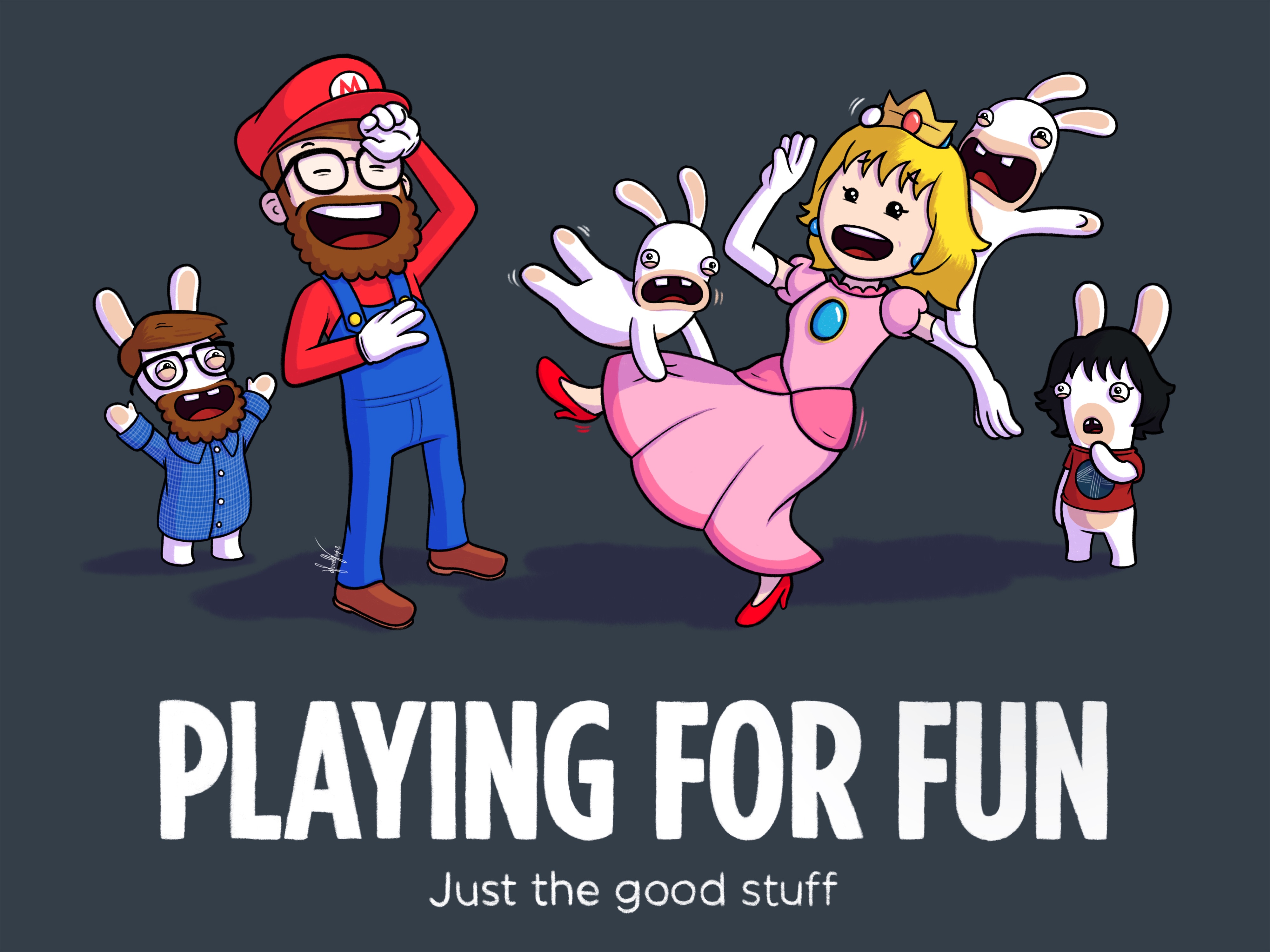 A humorous cartoon featuring characters dressed as Mario and Rabbids. A bearded character, dressed as Mario, laughs while wiping his forehead, and the other, dressed as Princess Peach, looks overwhelmed by Rabbids that are climbing on her. The tagline reads 'Playing for Fun – Just the good stuff.'