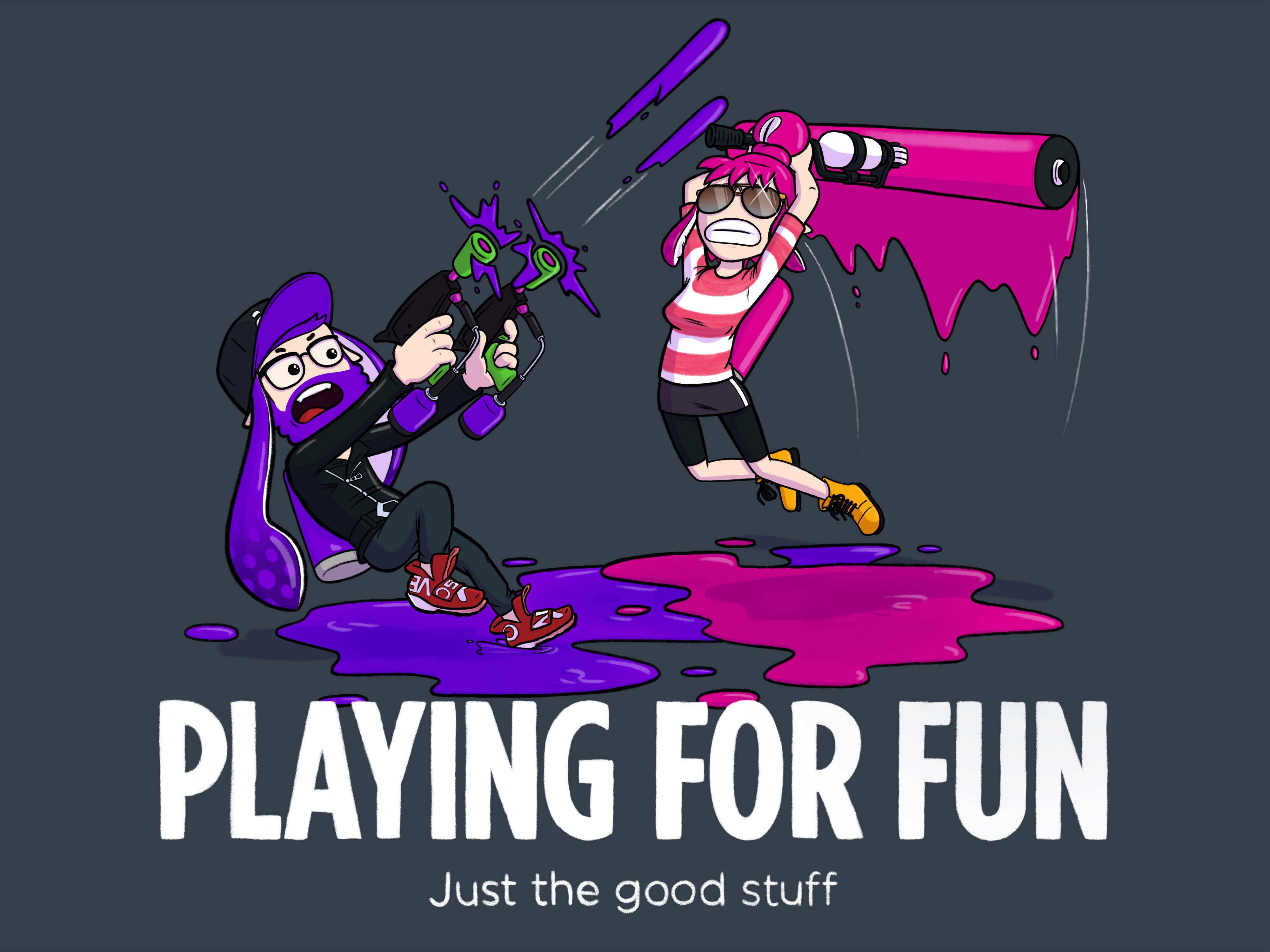 A vibrant Splatoon-inspired illustration. One character shoots purple ink while the other leaps through the air with a giant paint roller dripping with pink ink. The floor is covered in colorful splatters, showing a playful battle. The tagline reads 'Playing for Fun – Just the good stuff.'