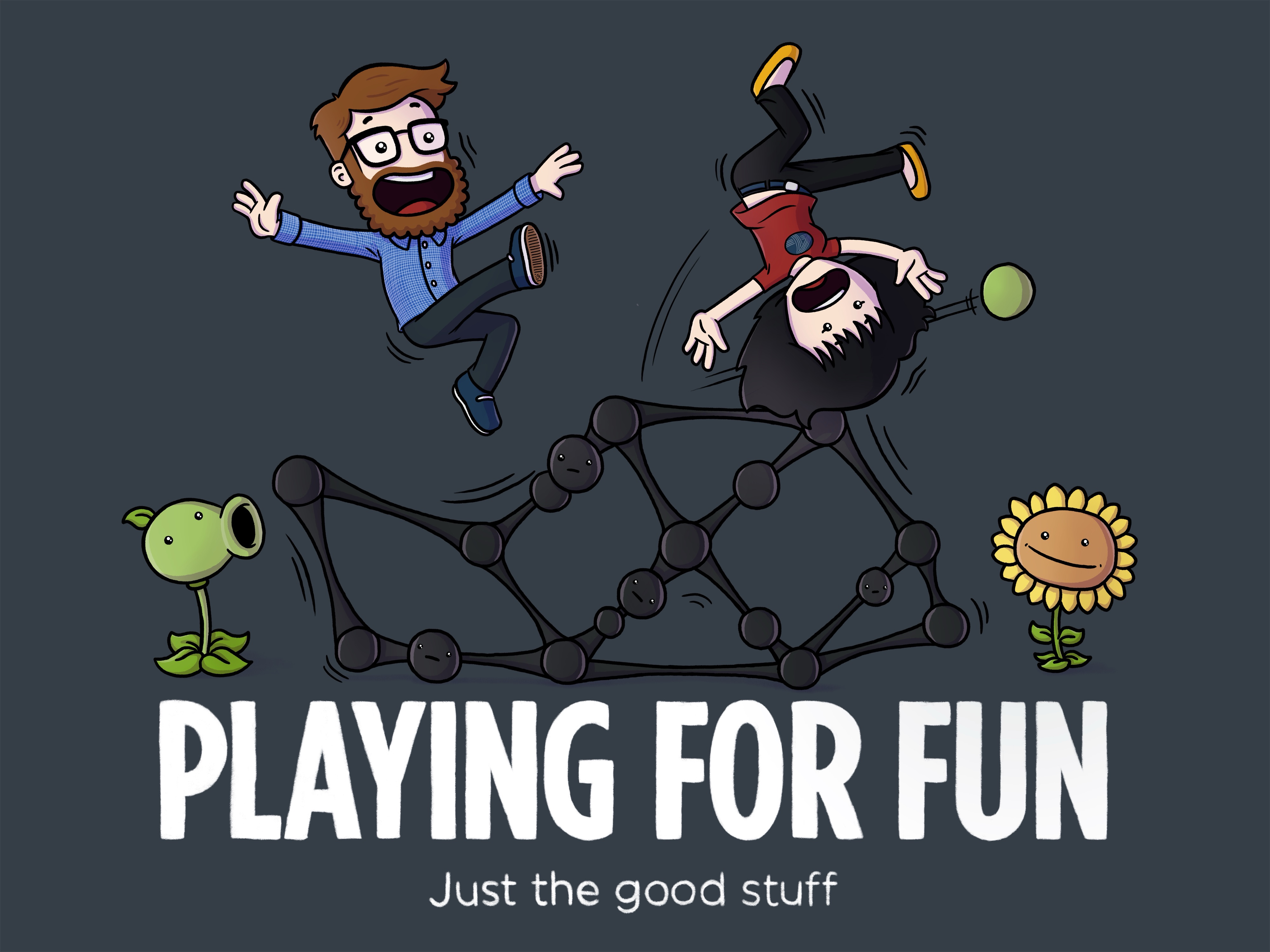 An eclectic mashup featuring two characters tumbling over a web-like structure alongside elements from Plants vs. Zombies and World of Goo. A pea shooter, sunflower, and goo ball complete the scene. The tagline reads 'Playing for Fun – Just the good stuff.'